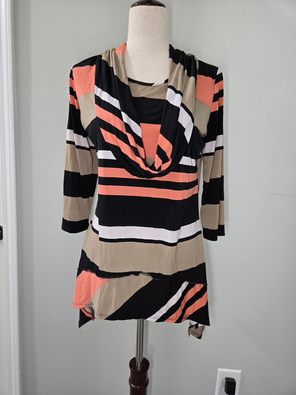 Coco Bianco Black, Tan & Coral Striped Cowl Tunic